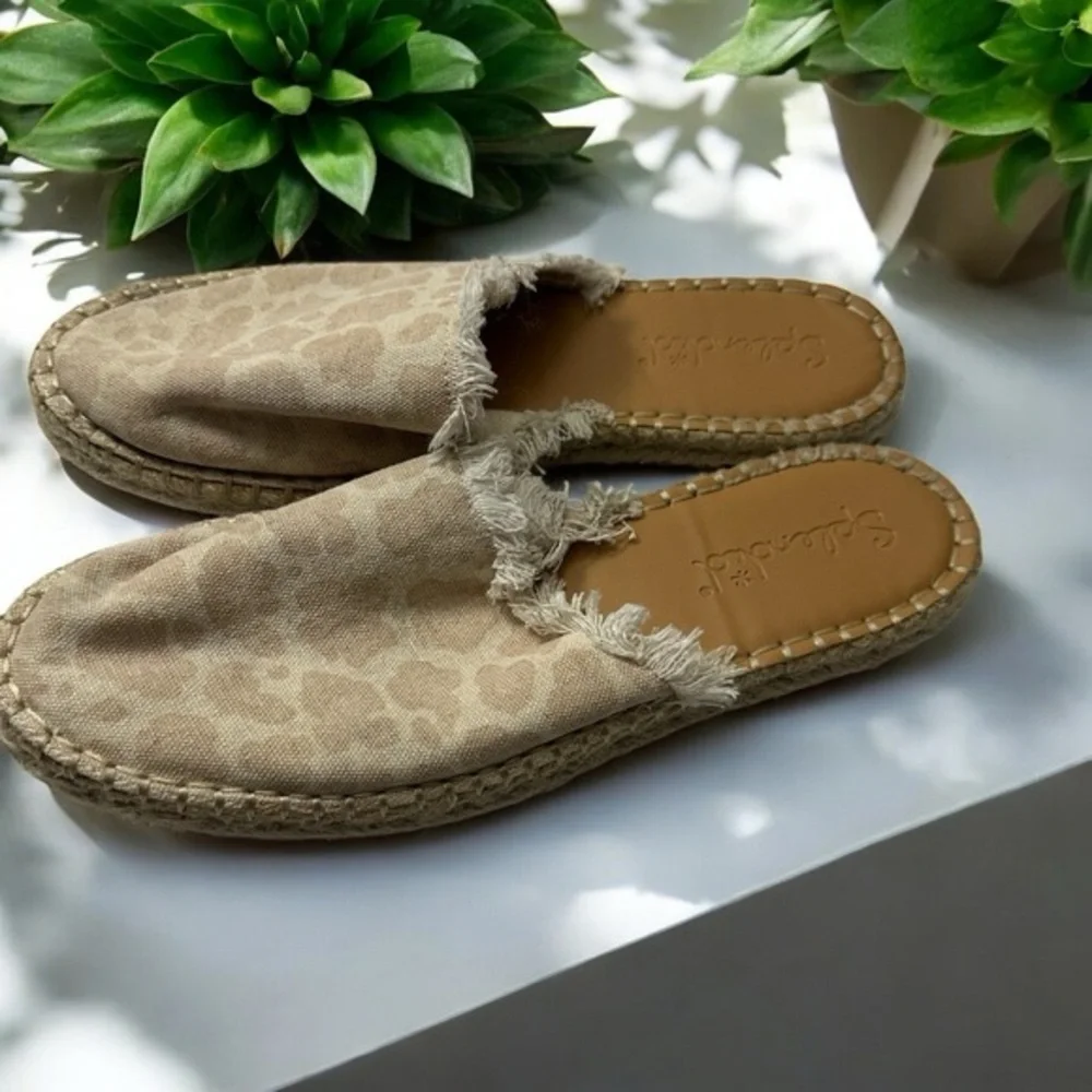Splendid Jessica Leopard Espadrille Mules Womens 8.5 Tan Fringed Slides Shoes